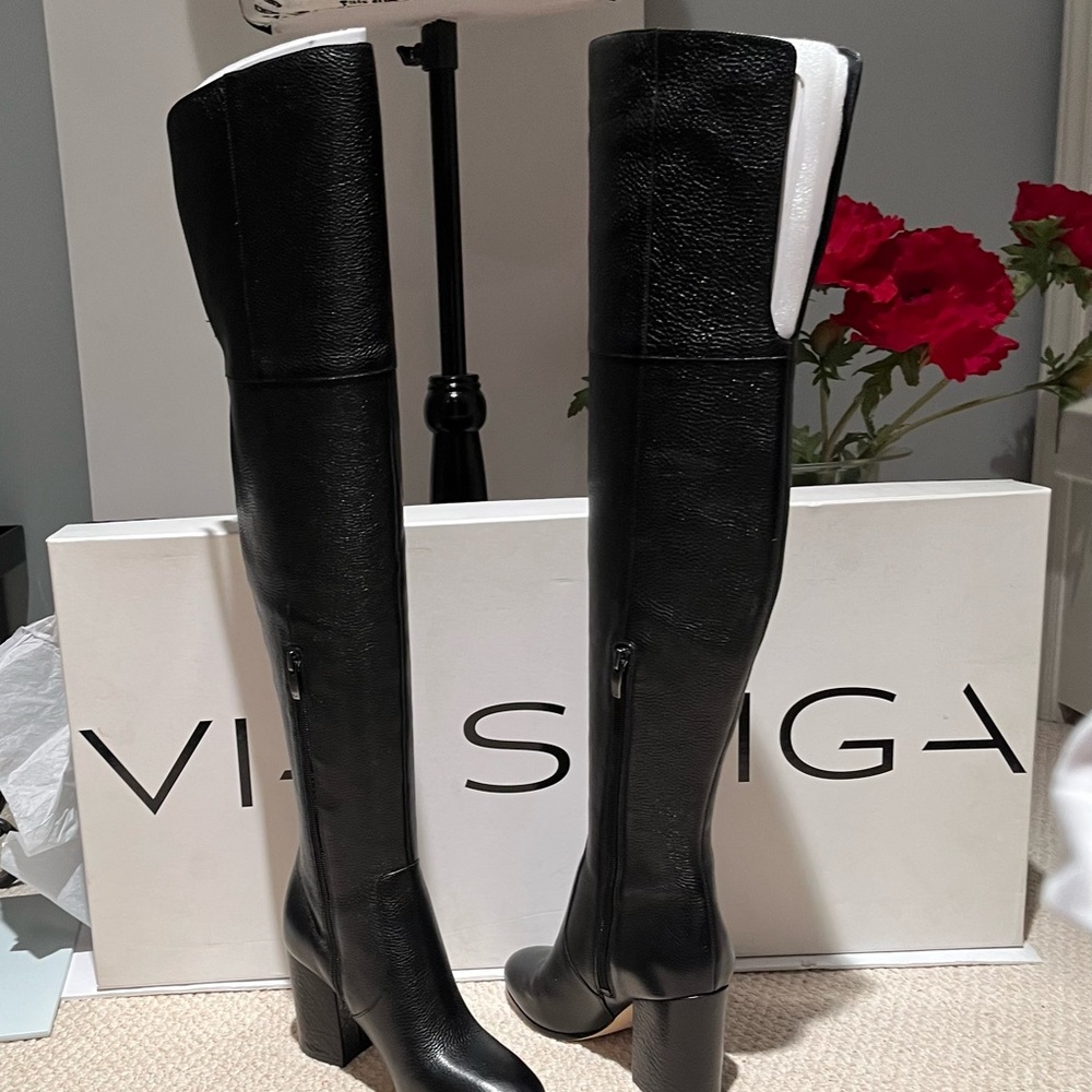 NEW Via Spiga Beline Black Pebbled Leather Over The Knee Boots Sz 5.5 NIB - Picture 7 of 16